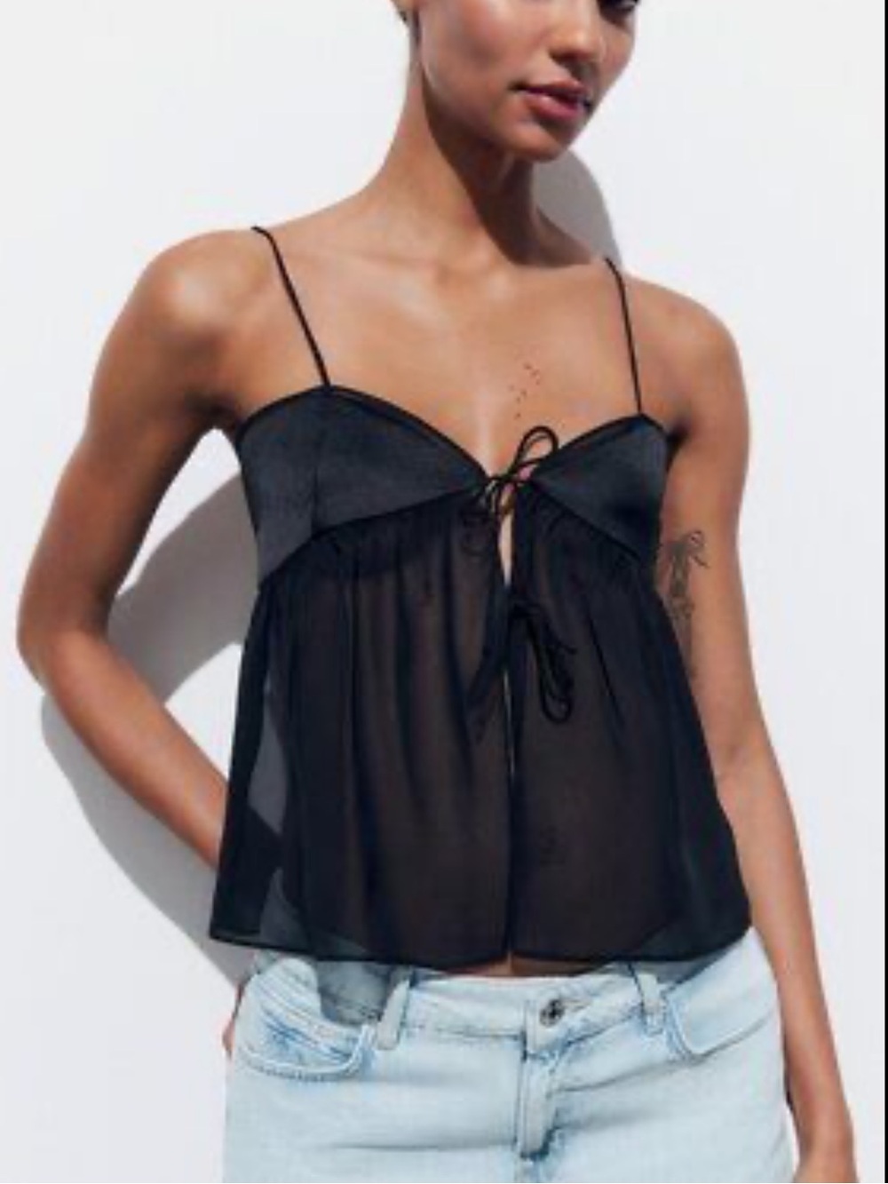 ZARA Semi Sheer Tie Front Black Tank Shirt Going Out Evening SZ Small BRAND NEW